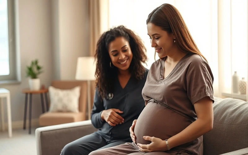 A doula supporting a pregnant mother during labor in a warm Naperville, Illinois home setting