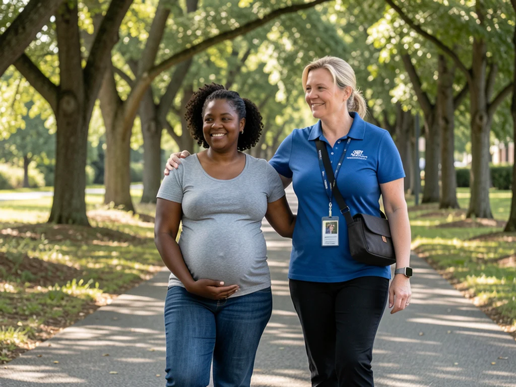 A doula walking alongside an expectant mom along the Noland Trail in Newport News, Virginia