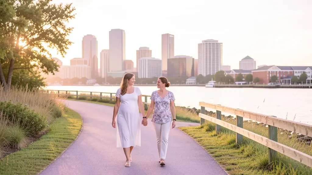 A doula walking alongside an expectant mom on the Elizabeth River Trail in Norfolk, Virginia