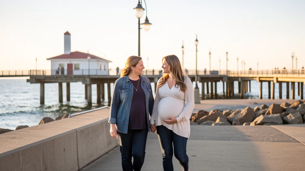 A doula walking alongside an expectant mom near the Oceanside Pier in Oceanside, California