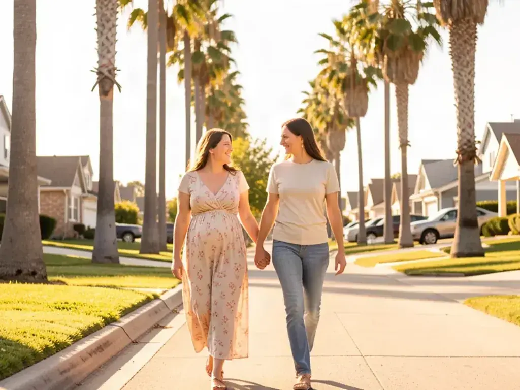 A doula walking alongside an expectant mom through a sunny Ontario, California neighborhood with palm trees