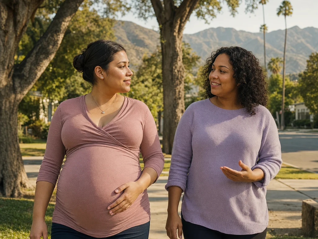 A doula walking alongside a pregnant mom on a Pomona sidewalk: Inland Valley birth support and doula care