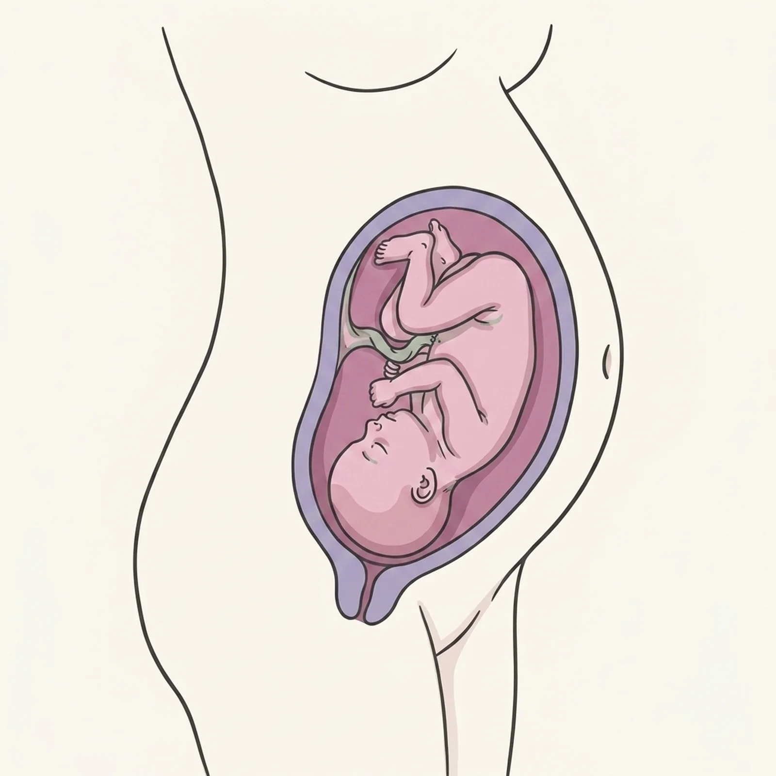 Baby in the pelvis at full term, head-down and engaged, ready to descend through the birth canal