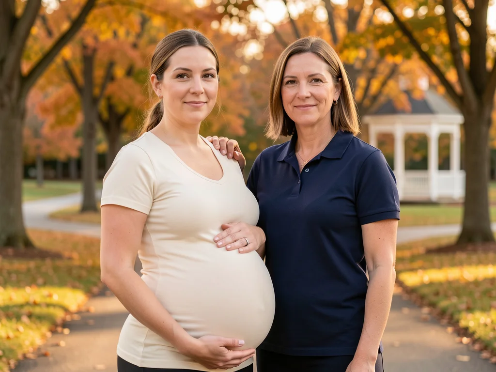 A doula standing with an expectant mom on a tree-lined path in Rockville, Maryland: Montgomery County birth support