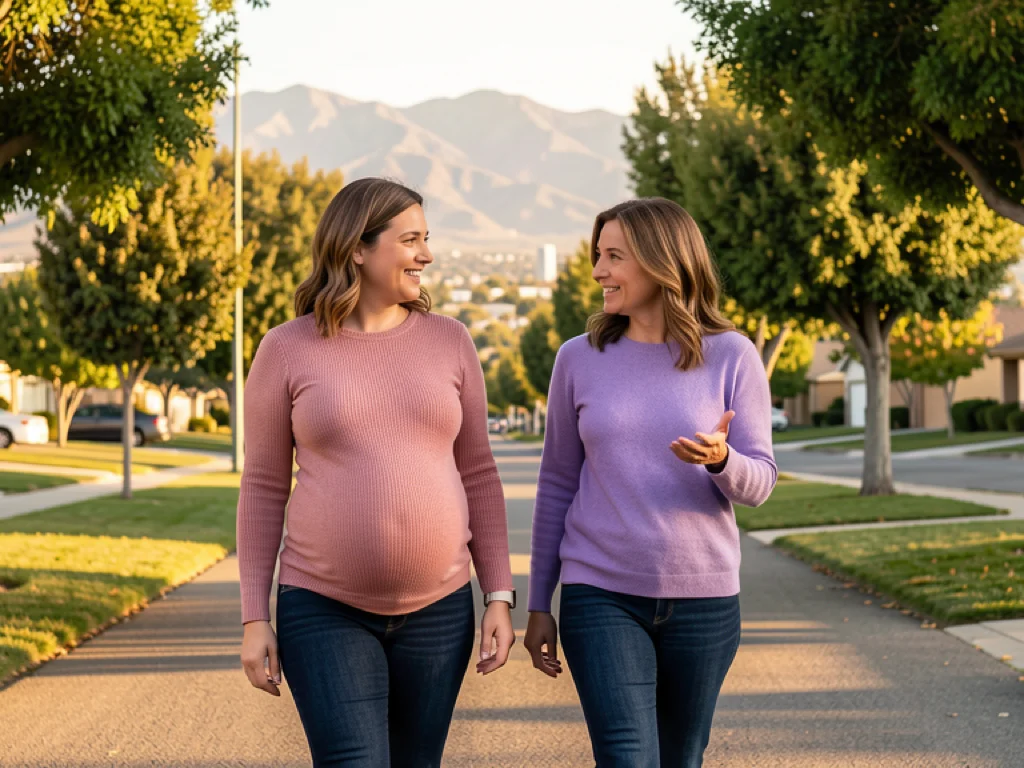 A doula walking alongside a pregnant mom in San Bernardino with mountain views