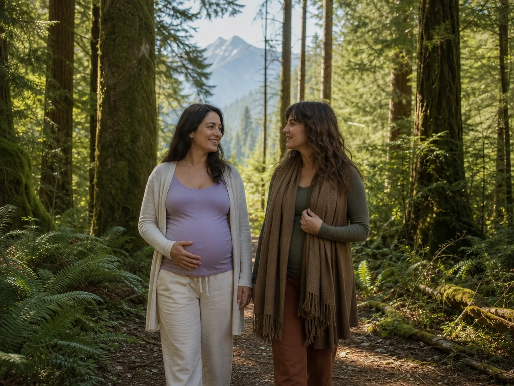 A doula walking alongside an expectant mom on a forested path with the Cascade Mountains in the distance: Seattle birth support