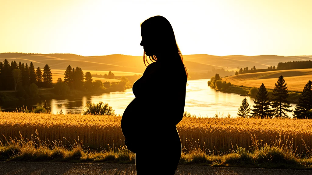 A pregnant woman in silhouette overlooking the Spokane River and Palouse hills at golden hour