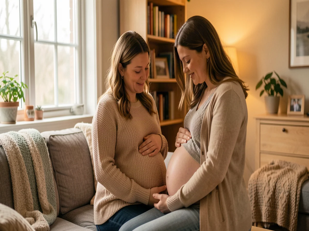 A doula sitting beside and supporting an expectant mom on Staten Island: warm in-home New York birth support with the Verrazzano Bridge borough feel