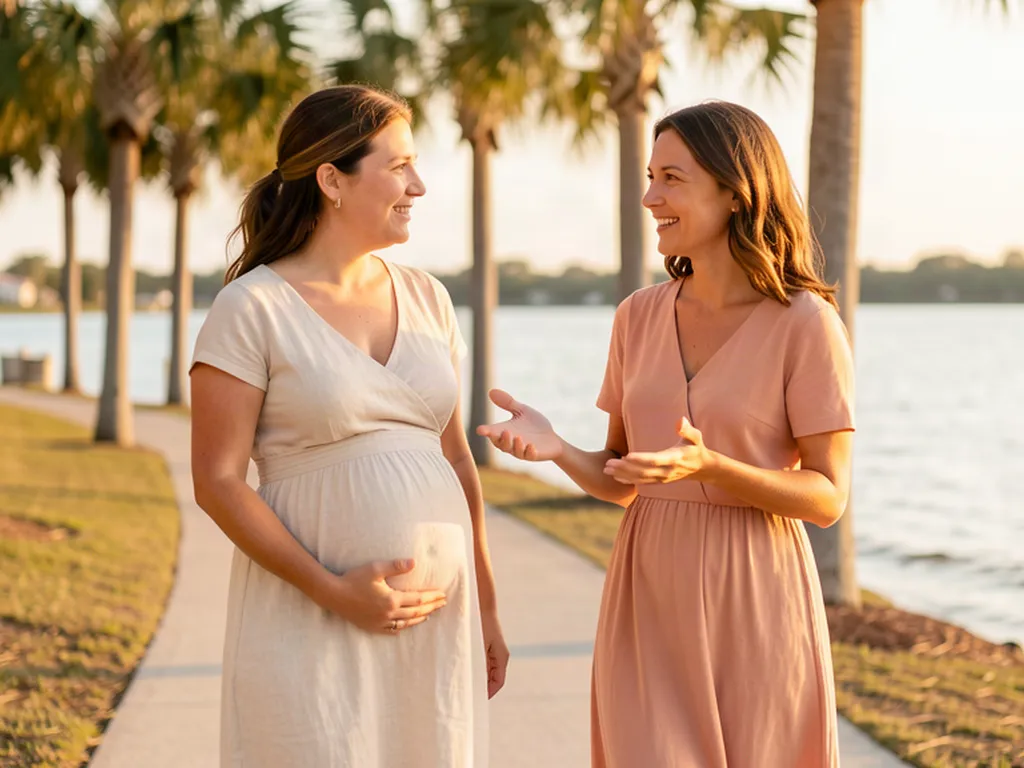 A doula chatting warmly with an expectant mom along a Tampa Bay waterfront path at golden hour
