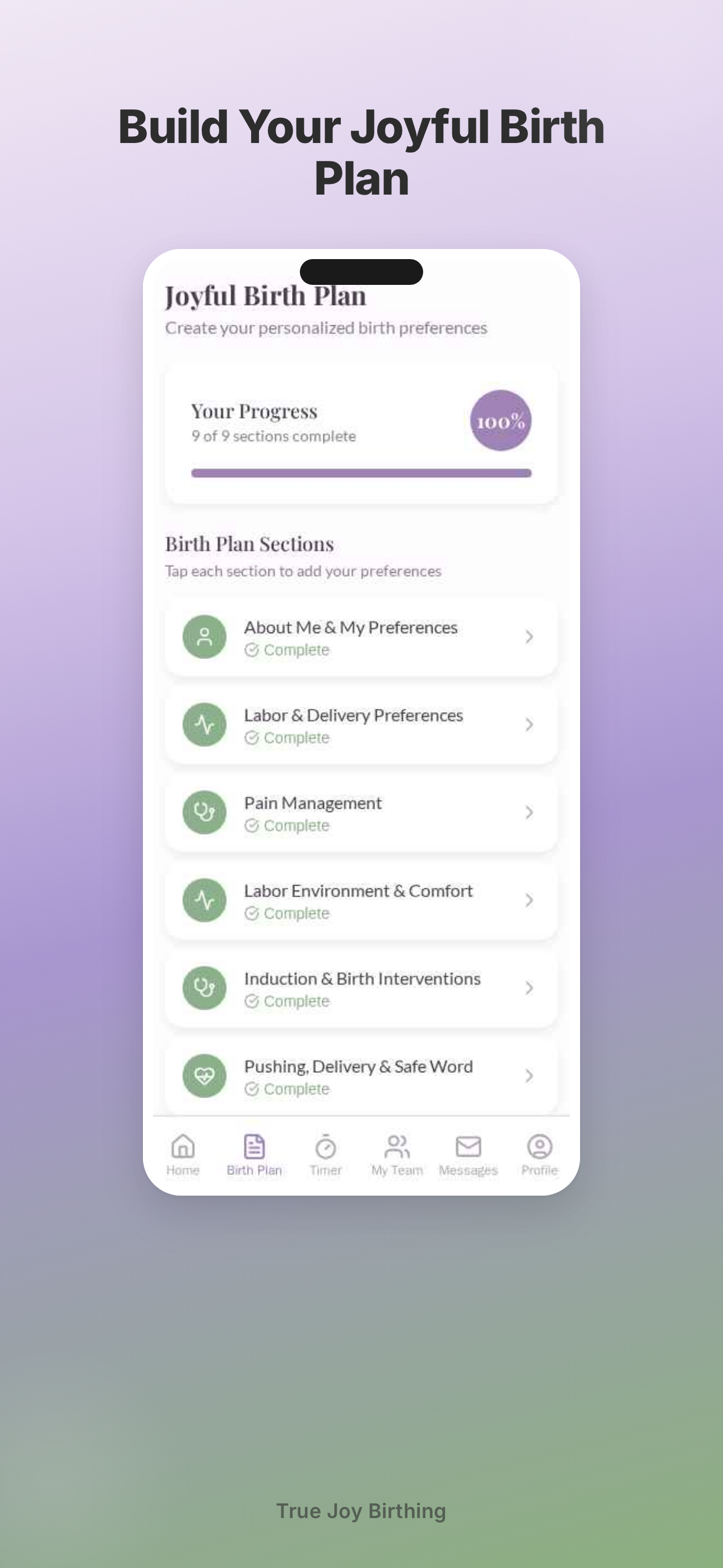 True Joy Birthing app birth plan builder: 9 guided sections, step-by-step birth preferences