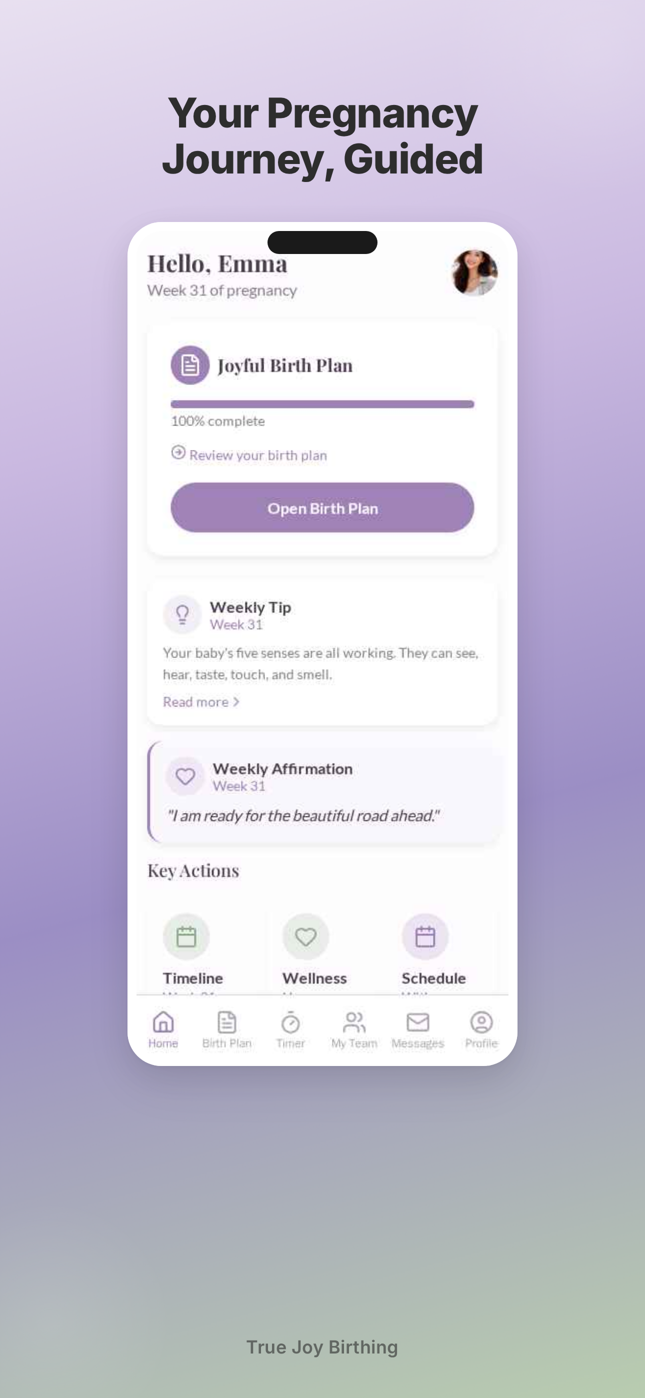 True Joy Birthing app dashboard showing birth plan progress and weekly pregnancy tips