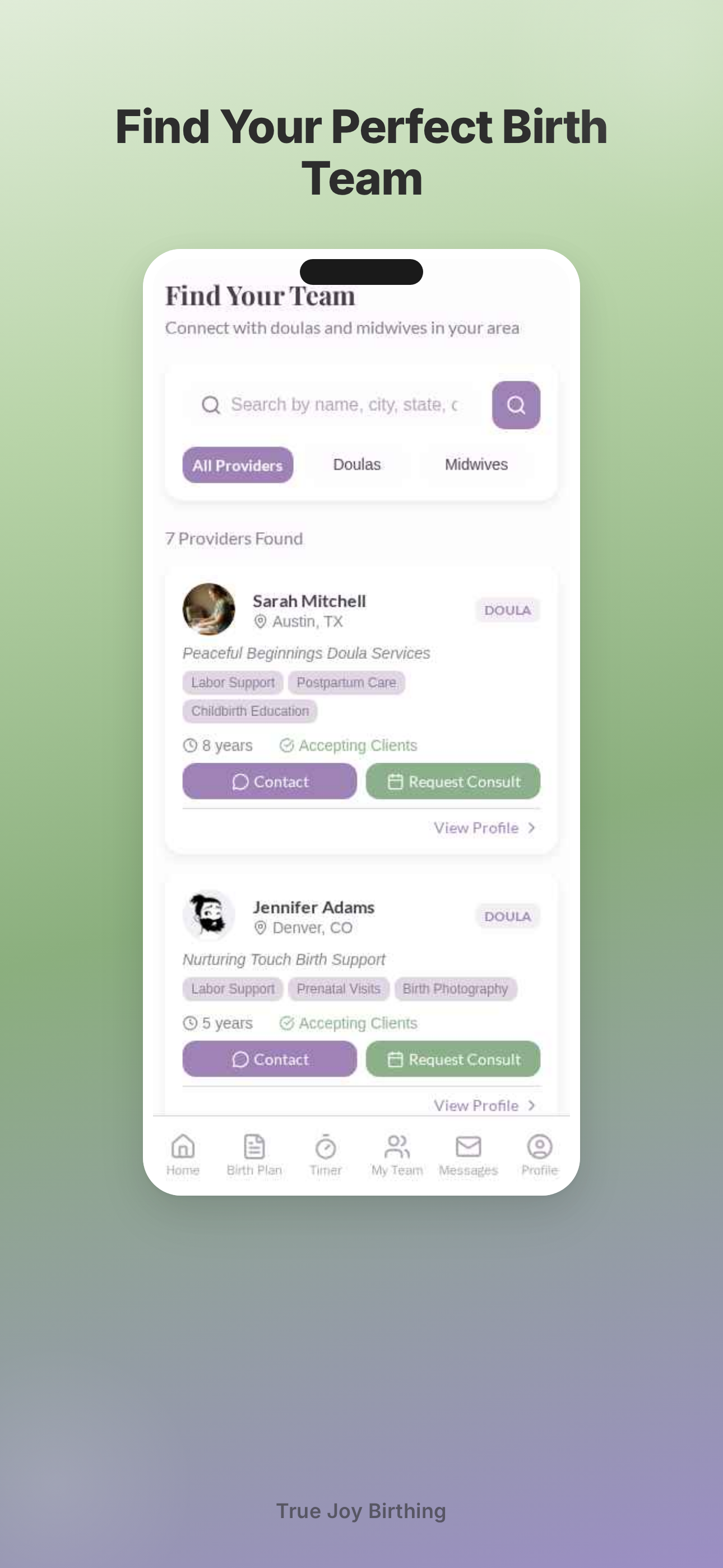 True Joy Birthing app: find doulas and midwives near you