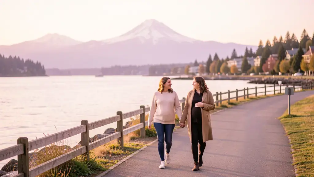 A doula walking alongside an expectant mom on the Vancouver Waterfront with Mount Hood in the distance
