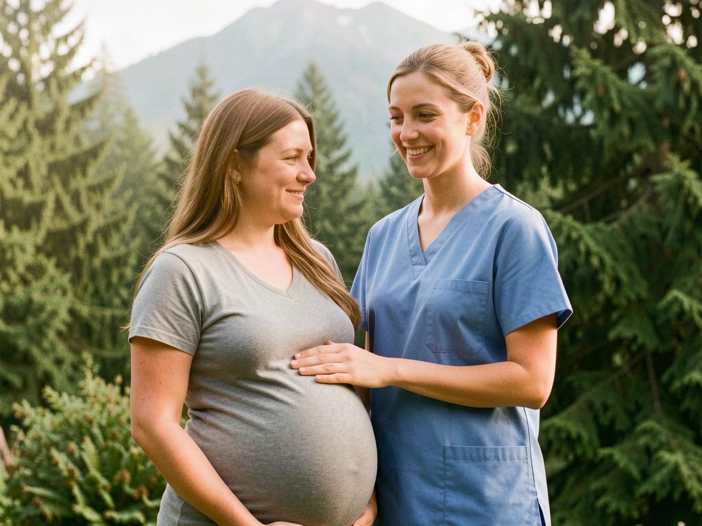 A doula walking alongside an expectant mom on the Vancouver Waterfront with Mount Hood in the distance