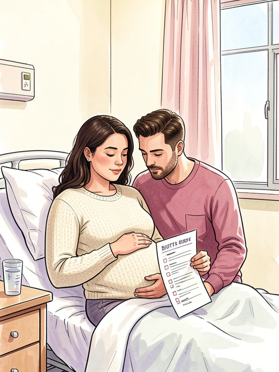 A warm editorial illustration of a pregnant person sitting up confidently in a hospital bed with their partner beside them reviewing a birth plan together