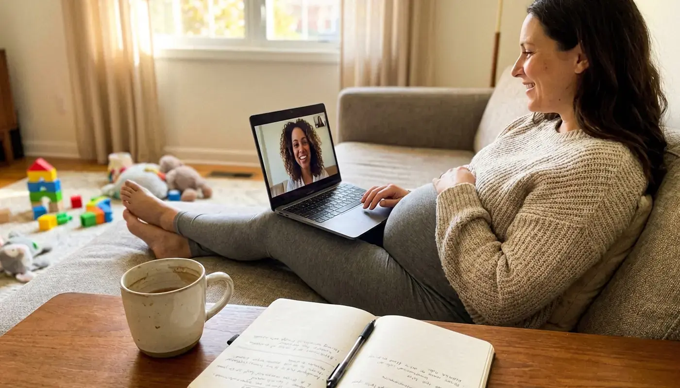 A birth doula on a video call, reviewing a birth plan with an expectant mom