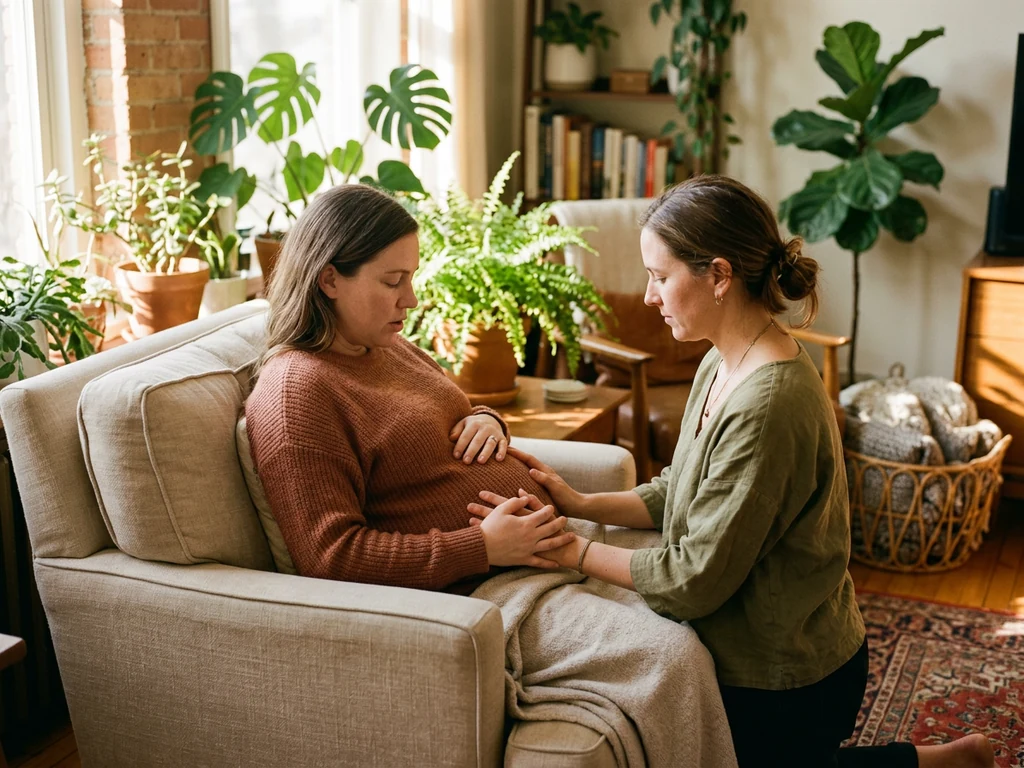 Birth doula providing hands-on labor support to an expecting family in Wake Forest, North Carolina