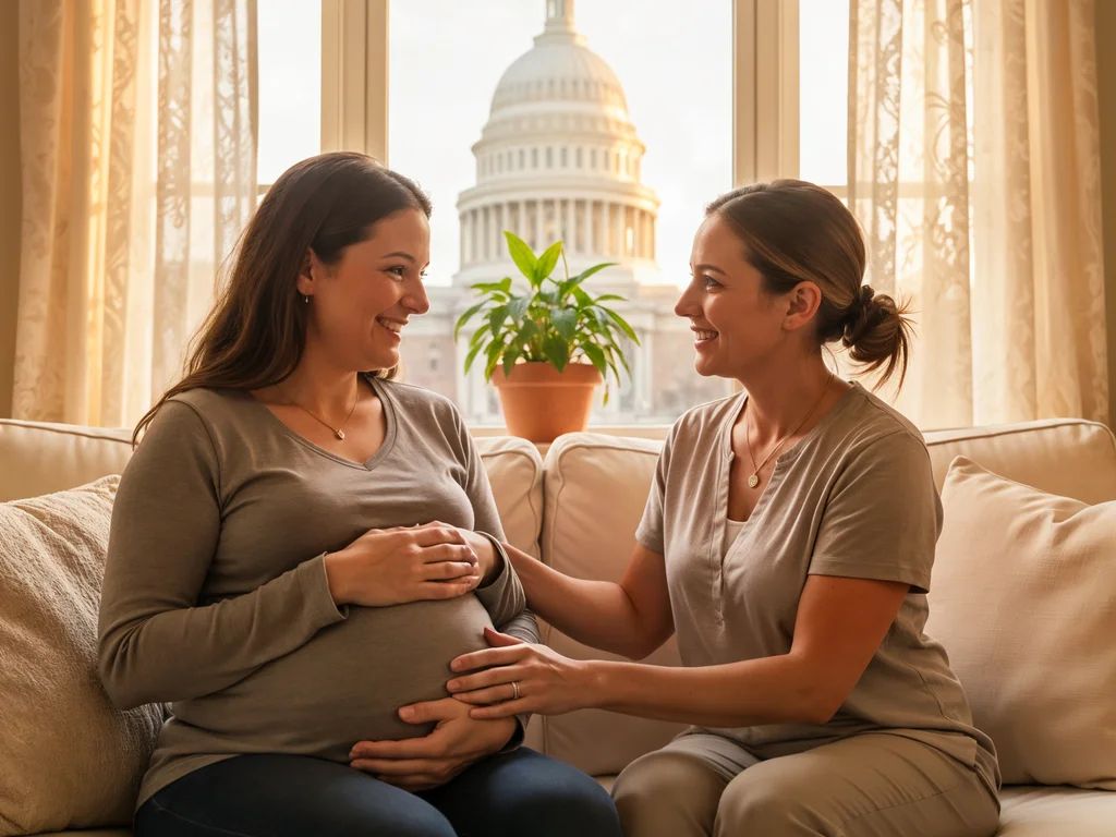 A doula providing support to an expectant mother in a warm home setting in Washington, DC, with the Capitol dome visible through the window