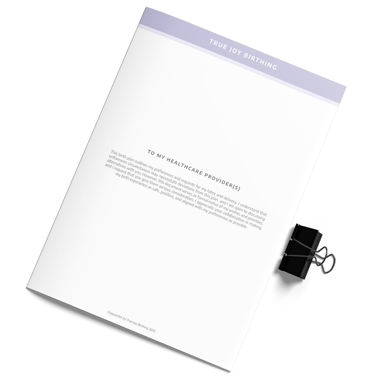 Front cover of the free Joyful Birth Plan that you can get at True Joy Birthing