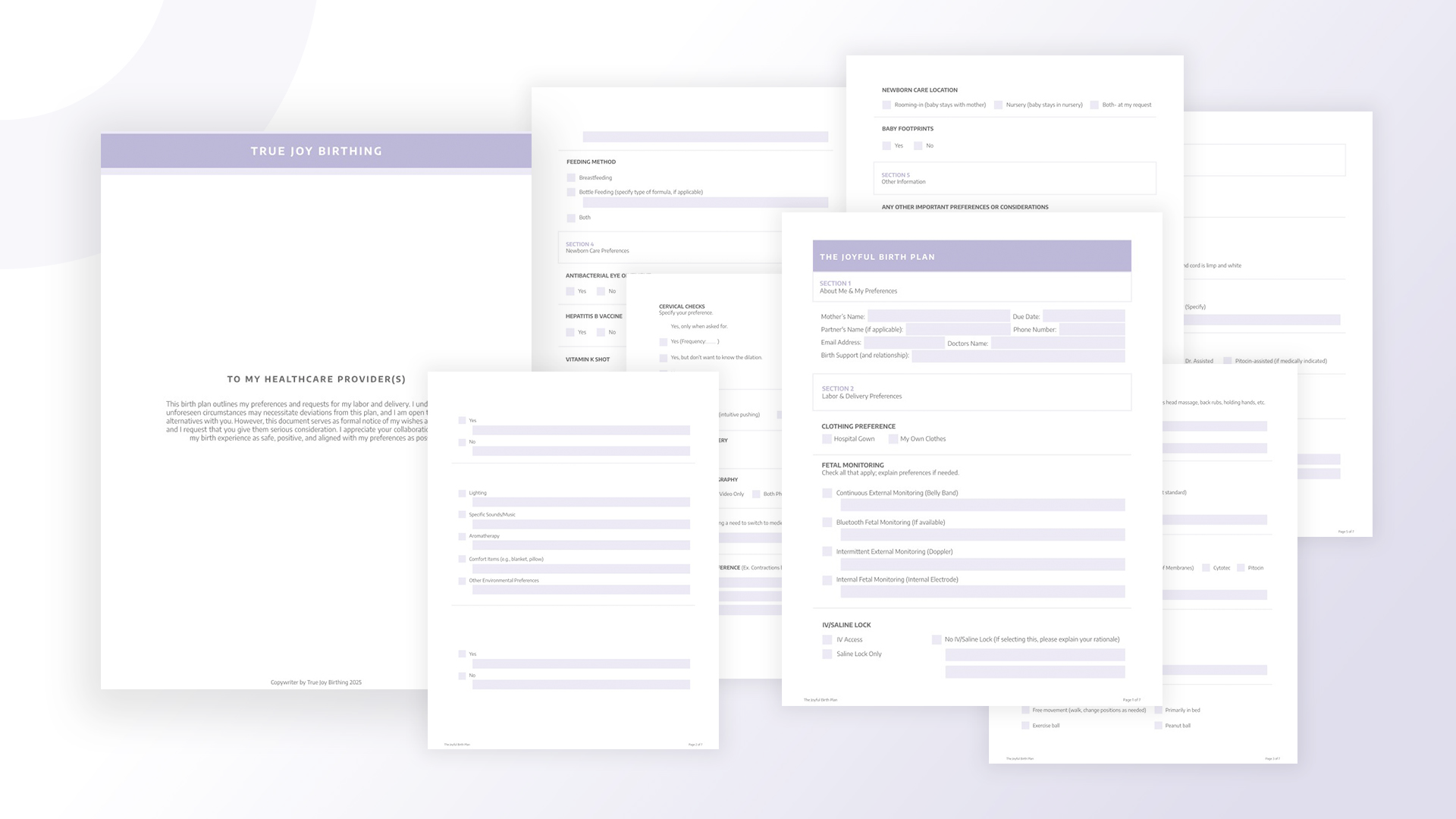 A set of seven light purple and white medical or health forms overlapping each other on a soft gradient background, with headings, checkboxes, and spaces for text and signatures. True Joy Birthing