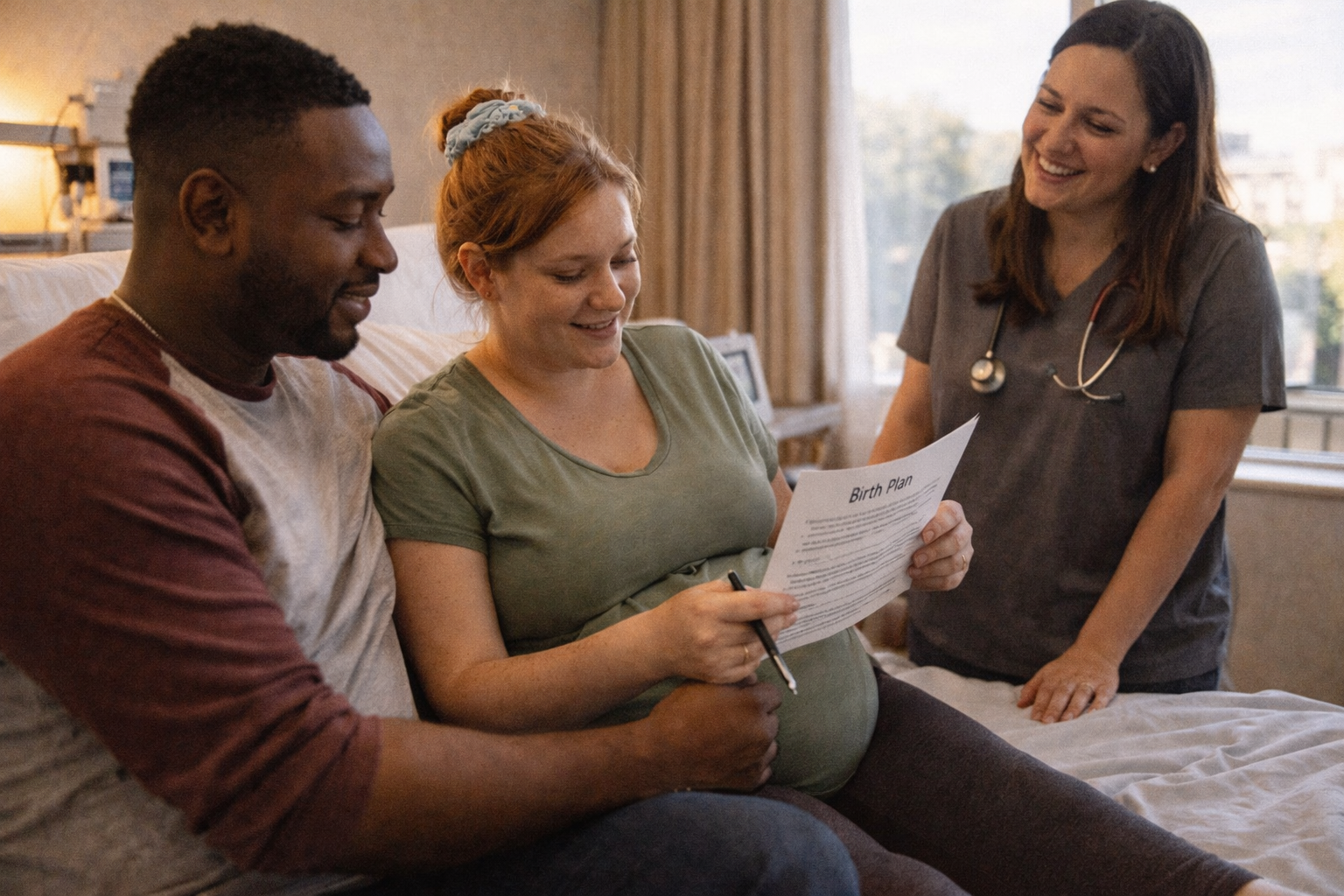 Natural Birth in a Hospital with birth plan and nurse